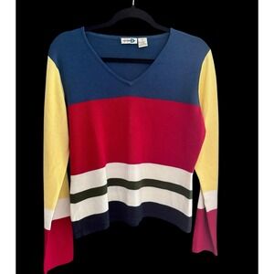 Paul Harris Design Color Block V Neck Long‎ Sleeve Sweater Top Women L